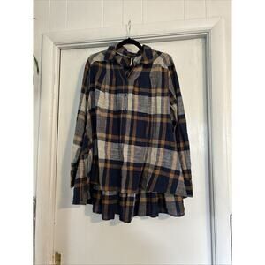 Free People Plaid Hi Low Ruffle Hem Button Up Shirt Blue and Cream Size M